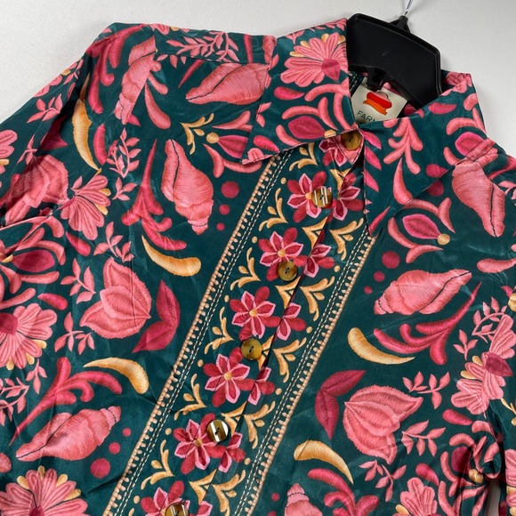 FARM Rio Tops - Farm Rio Womens Green Pink Floral Seashell Viscose Button Down Blouse Small